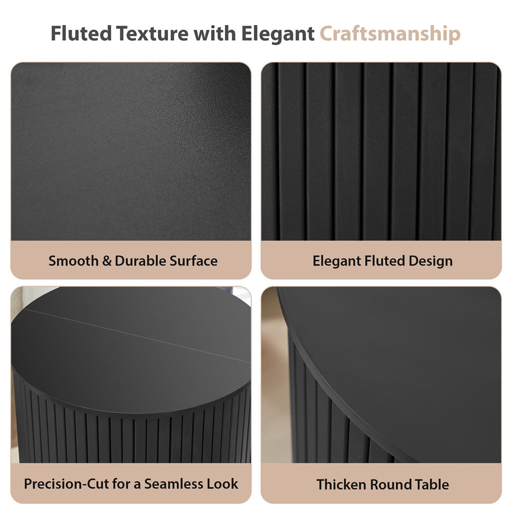 Collage of a black round table with fluted texture and smooth surface, highlighting craftsmanship.