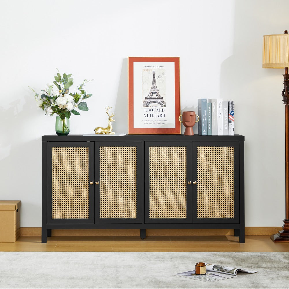Black Rattan Sideboard Buffer Cabinet with 4 Doors