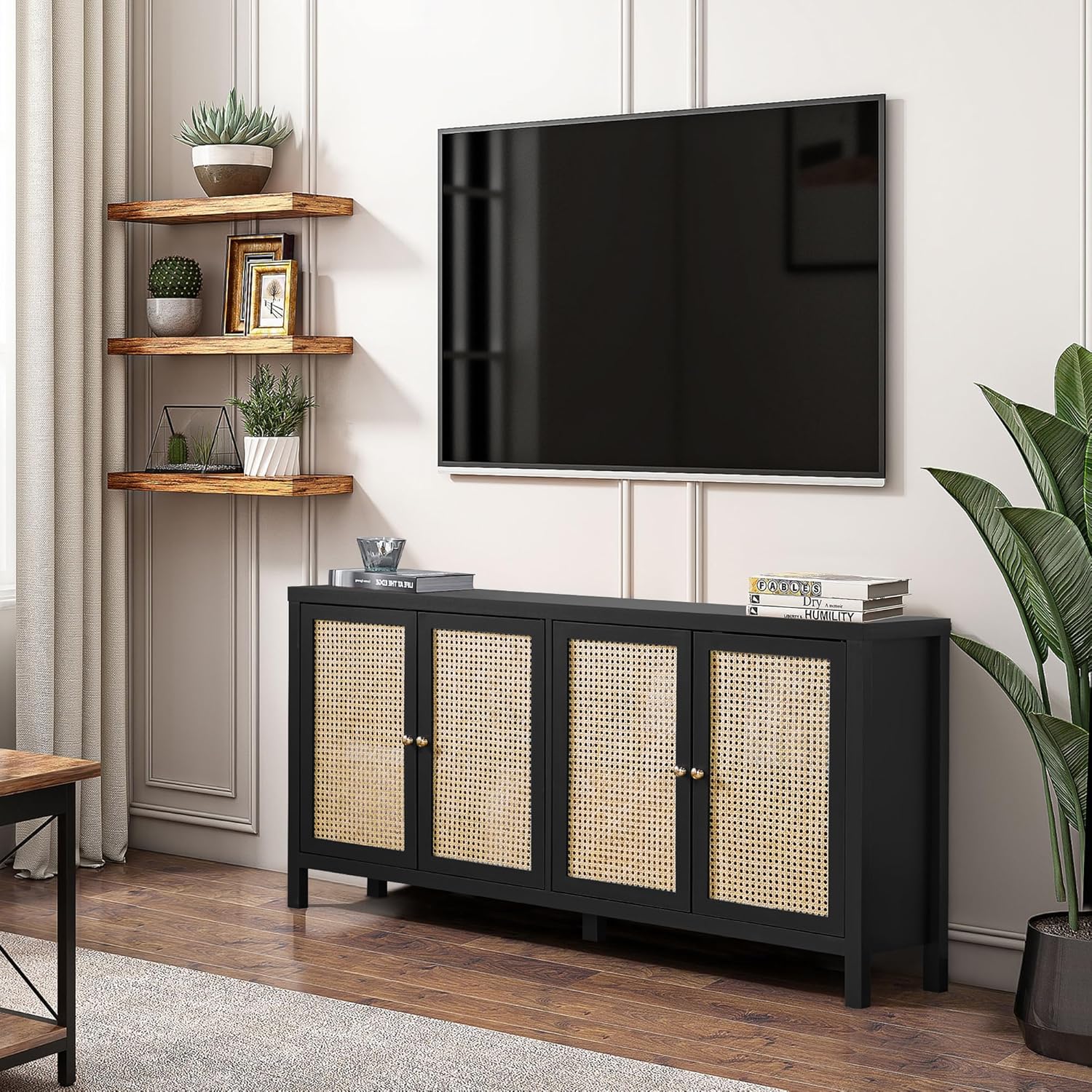 Black Rattan Sideboard Buffer Cabinet with 4 Doors