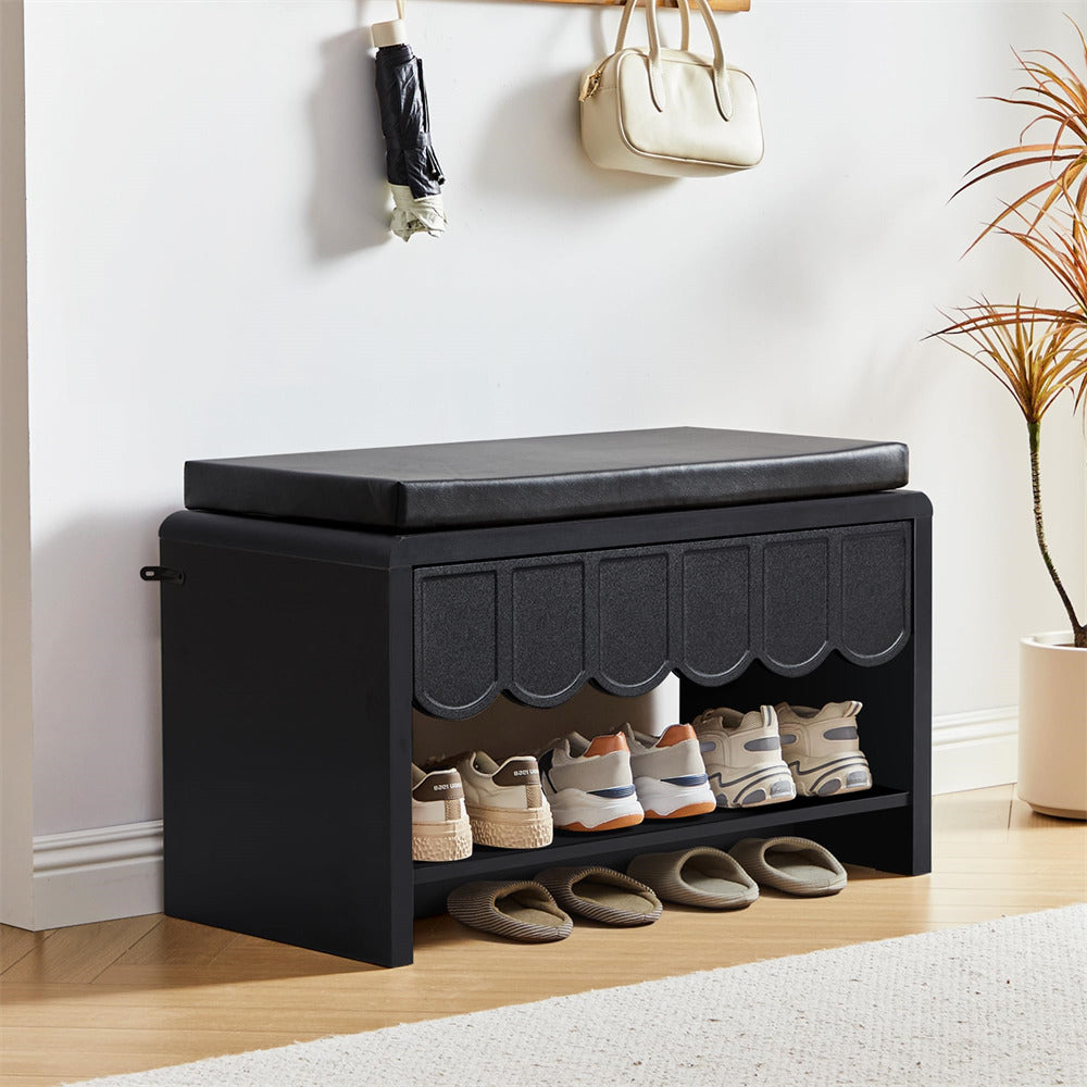 Black Shoe Cabinet Storage Bench with Wave Panel Drawer and Cushion