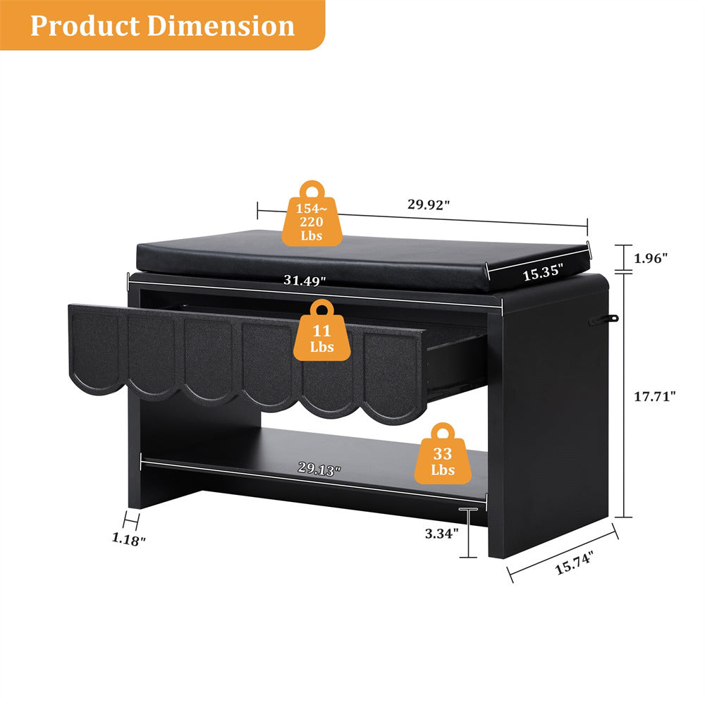 Black storage ottoman with measurements and weight indicators on a white background