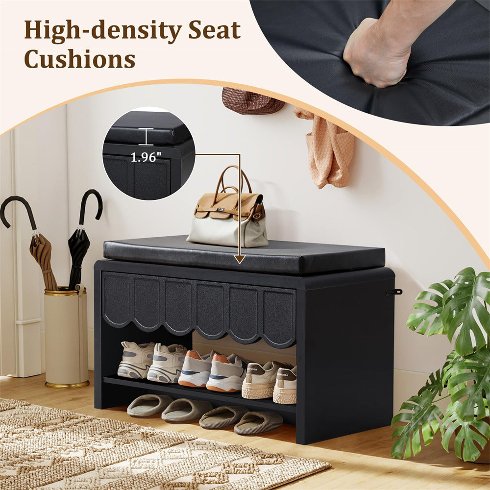 Black Shoe Cabinet Storage Bench with Wave Panel Drawer and Cushion