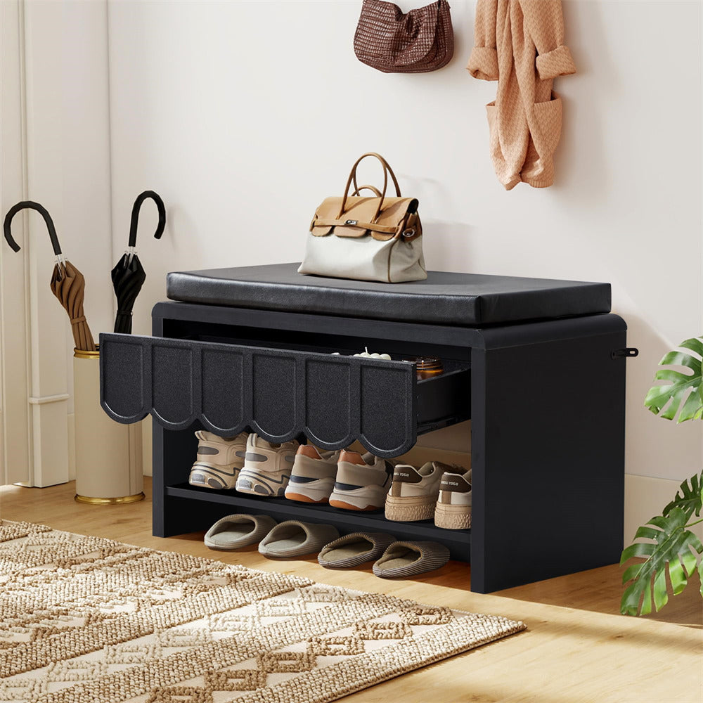 Black Shoe Cabinet Storage Bench with Wave Panel Drawer and Cushion