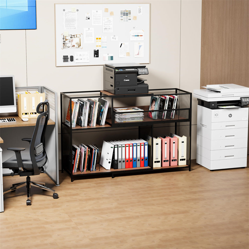 Office setup with desk, chair, bookshelf, and printer.