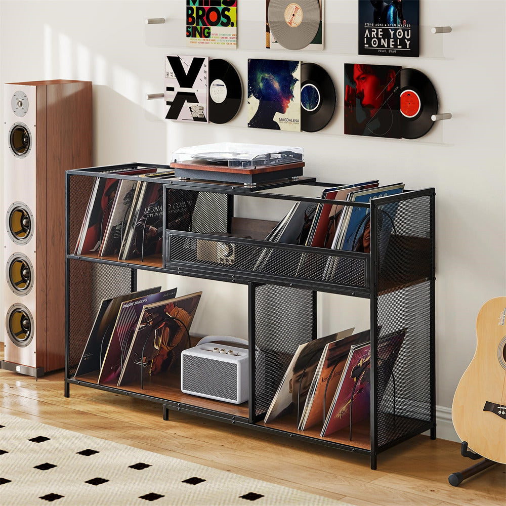 Black Walnut Mid Century Large Vinyl Record Storage Shelves 3 Tier Expandable Player Stand