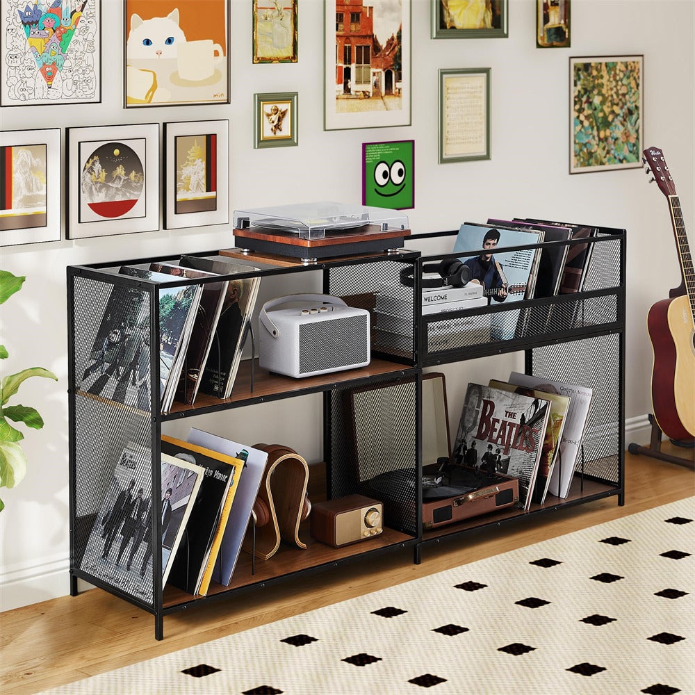 Black Walnut Mid Century Large Vinyl Record Storage Shelves 3 Tier Expandable Player Stand