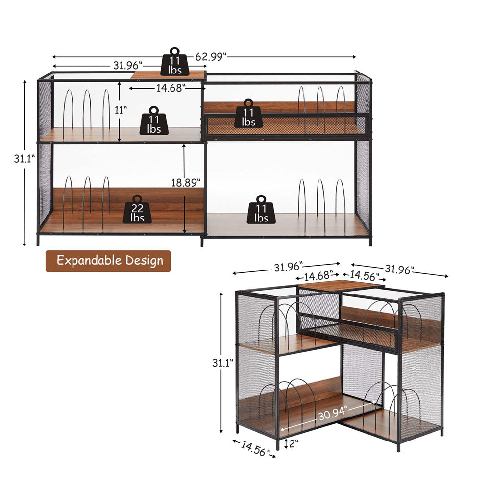 Expandable shelving unit with dimensions and weight labels on a white background