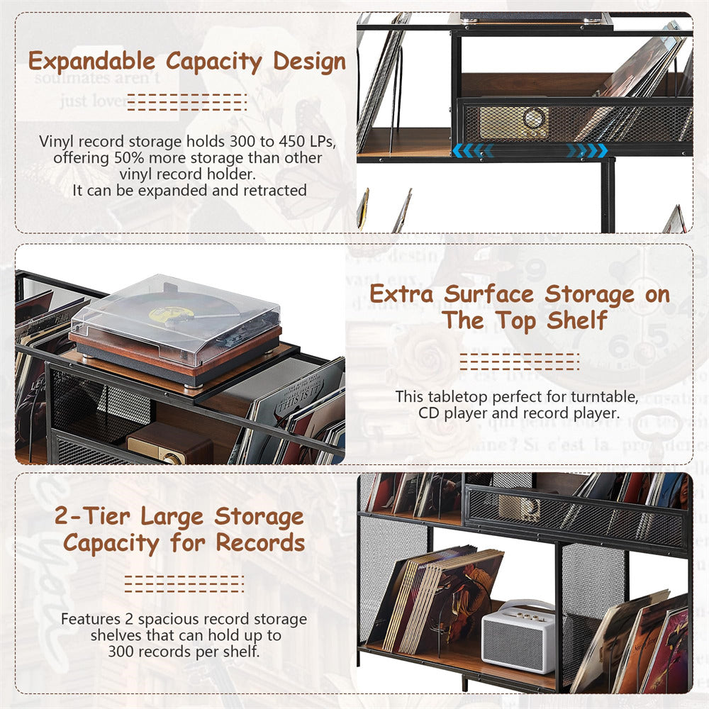 Vinyl record storage unit with expandable capacity, extra surface storage, and 2-tier large storage capacity.