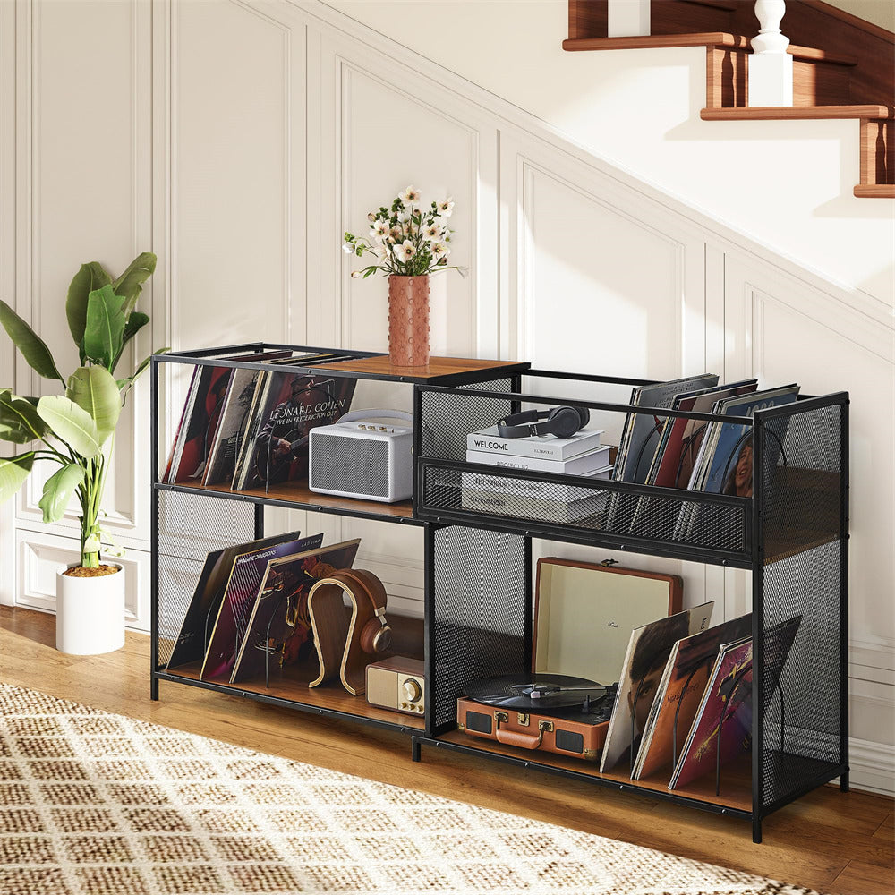 Black metal record player stand with vinyl records and a radio in a home setting.
