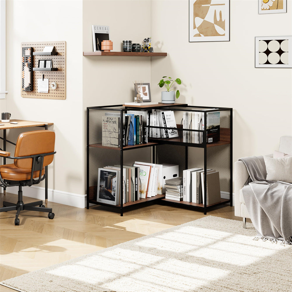 Corner bookshelf in a living room with books and decor items.