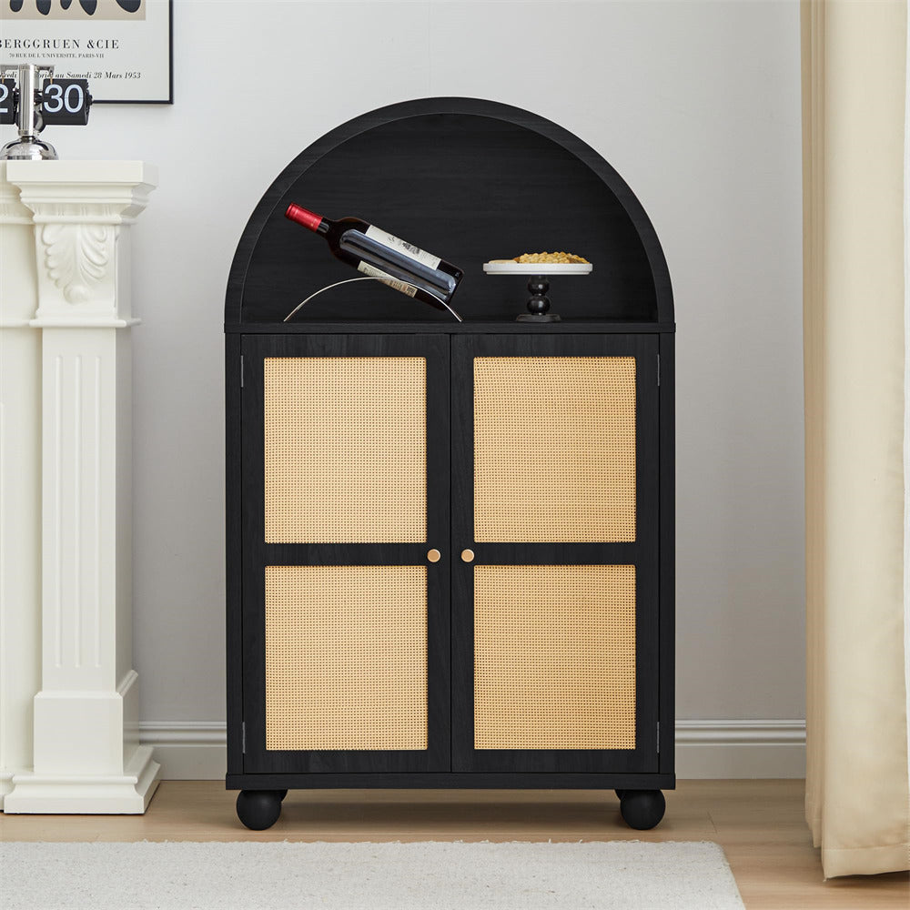 Black Wood Arched Sideboard Storage Cabinet with 2 Rattan Doors and Adjustable Shelves