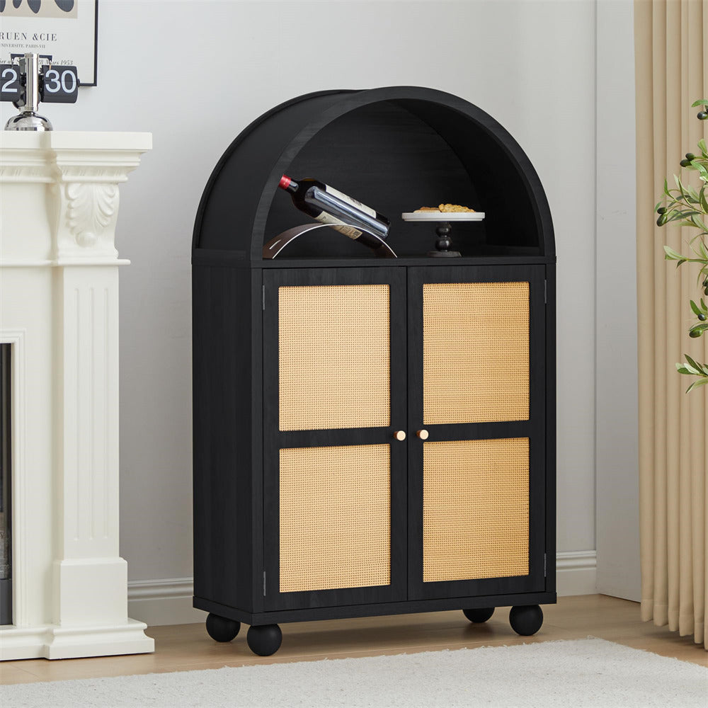 Black Wood Arched Sideboard Storage Cabinet with 2 Rattan Doors and Adjustable Shelves
