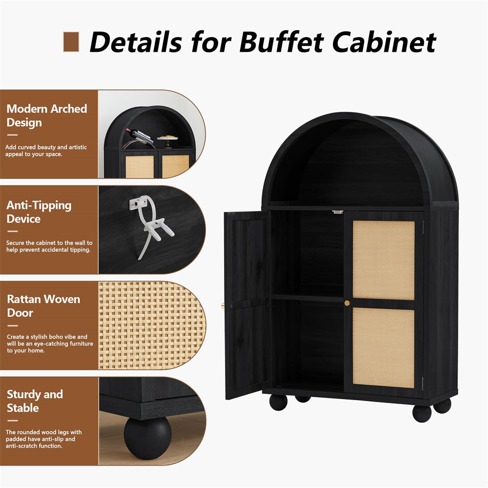 Black Wood Arched Sideboard Storage Cabinet with 2 Rattan Doors and Adjustable Shelves