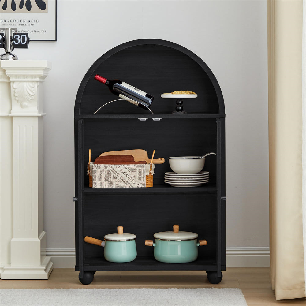 Black Wood Arched Sideboard Storage Cabinet with 2 Rattan Doors and Adjustable Shelves