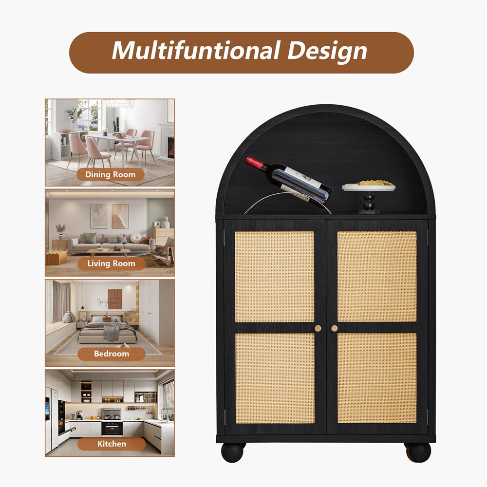 Black Wood Arched Sideboard Storage Cabinet with 2 Rattan Doors and Adjustable Shelves