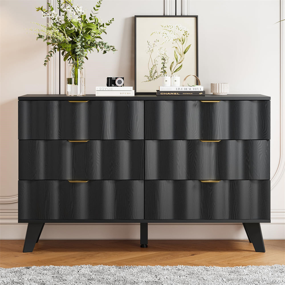 Black Wood Fluted 6 Drawer Dresser Storage Accent Cabinet with Metal Handles