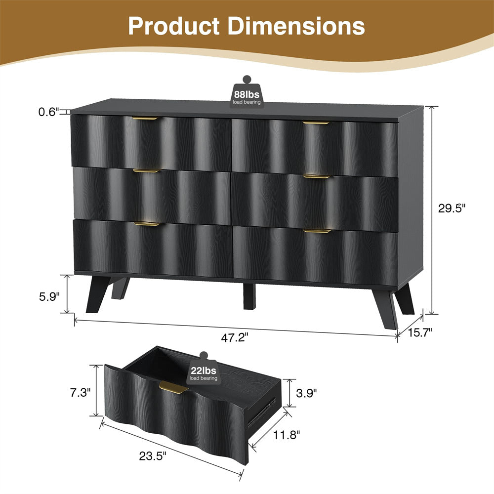 Black Wood Fluted 6 Drawer Dresser Storage Accent Cabinet with Metal Handles