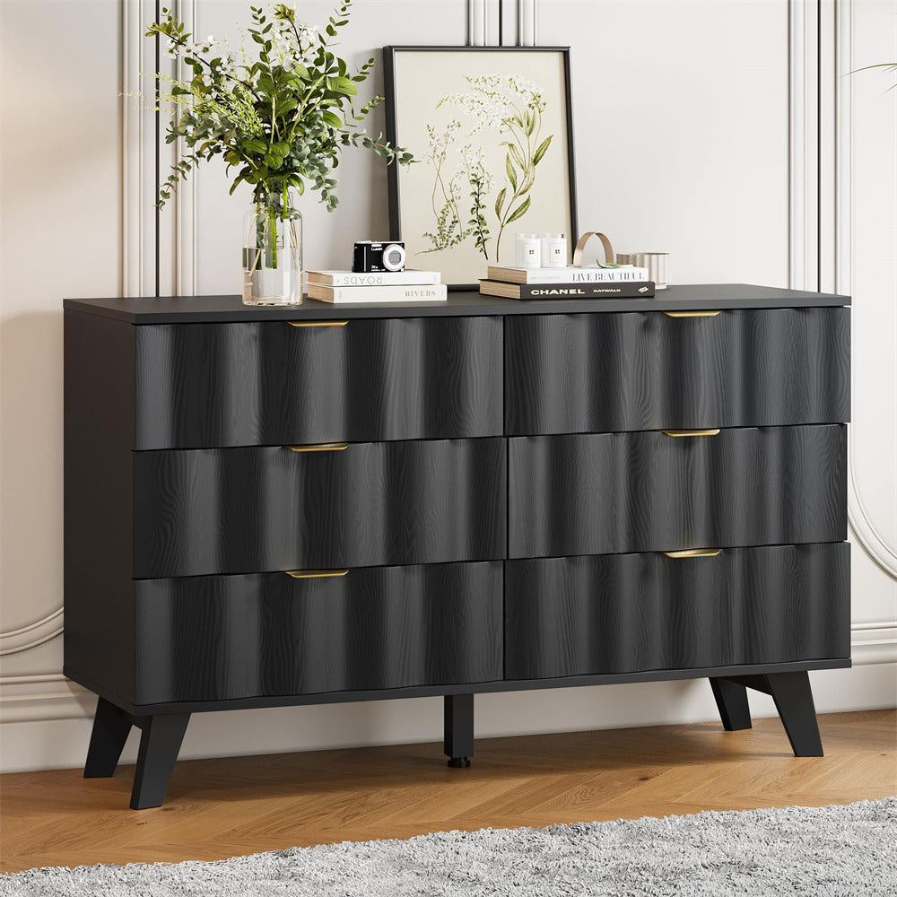 Black Wood Fluted 6 Drawer Dresser Storage Accent Cabinet with Metal Handles