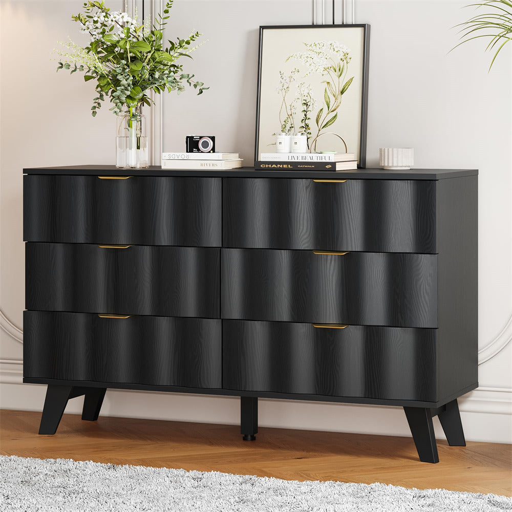 Black Wood Fluted 6 Drawer Dresser Storage Accent Cabinet with Metal Handles