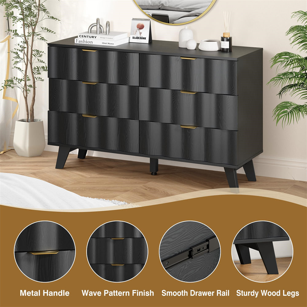 Black Wood Fluted 6 Drawer Dresser Storage Accent Cabinet with Metal Handles