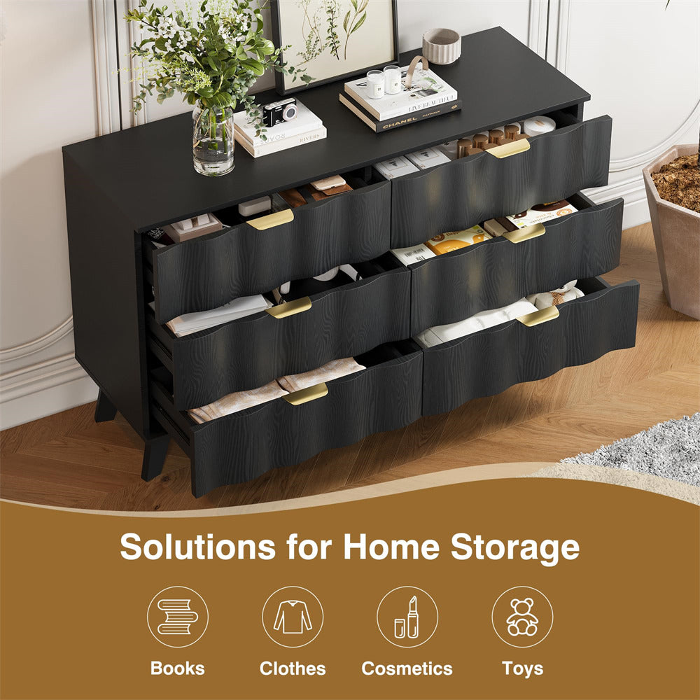 Black Wood Fluted 6 Drawer Dresser Storage Accent Cabinet with Metal Handles
