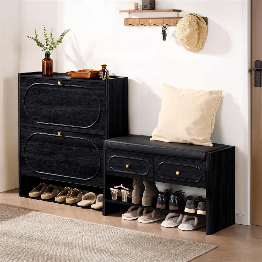 Black shoe storage bench with drawers and shoe shelves in a room setting.