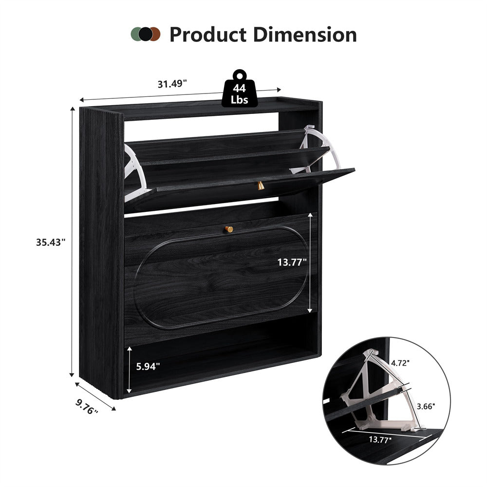 Black shoe rack with dimensions and weight label on a white background