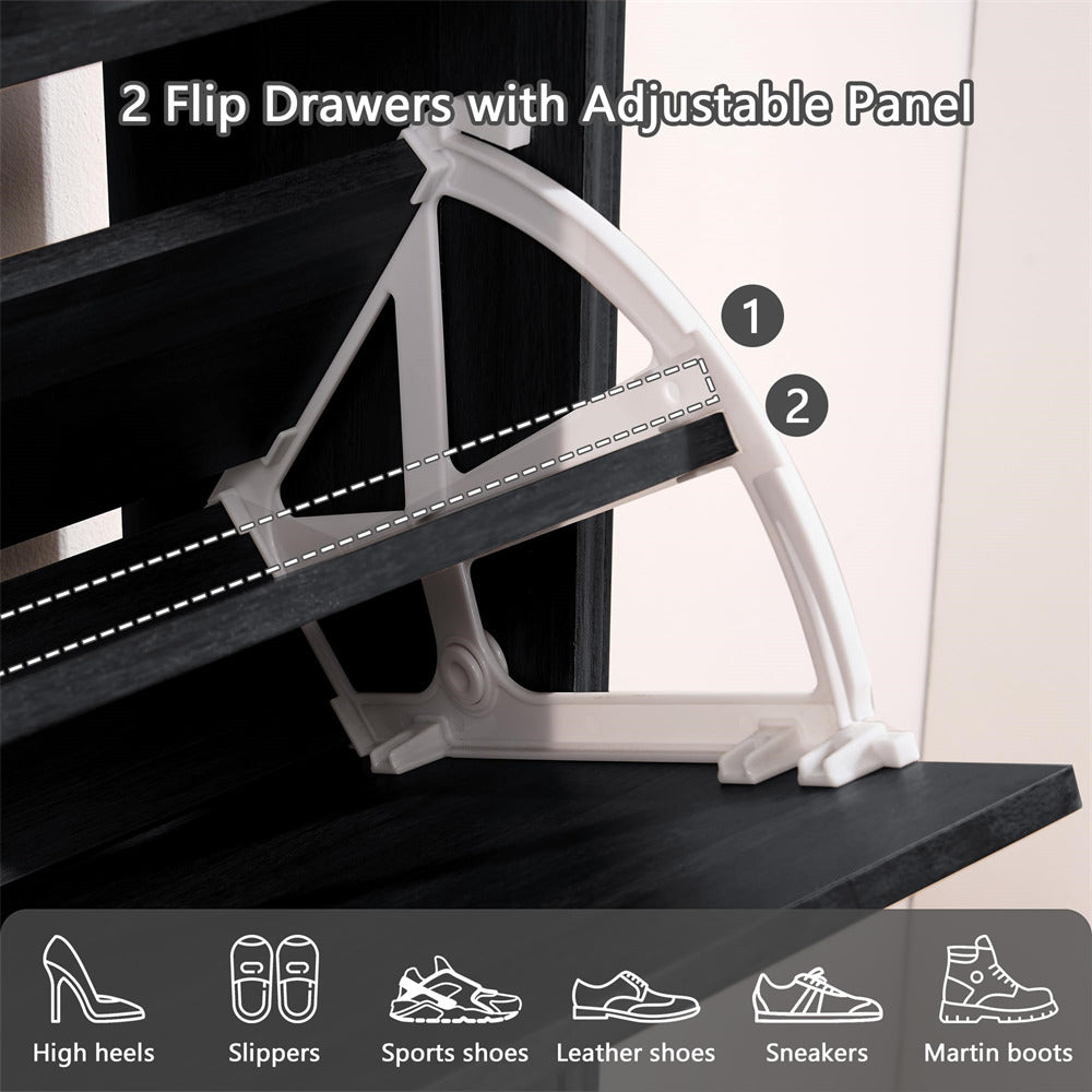 White shoe rack with flip drawers and adjustable panel on a black shelf.