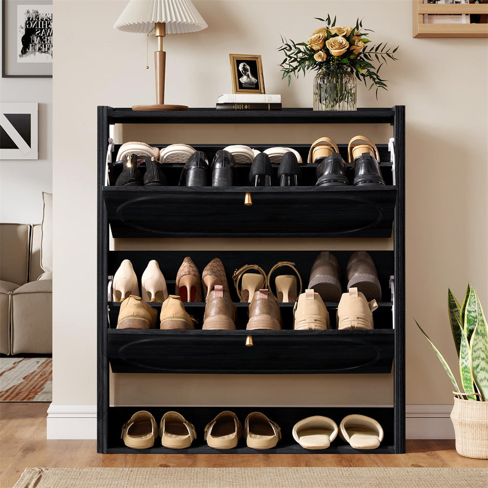 Black shoe rack with various shoes on a wooden floor in a room setting.