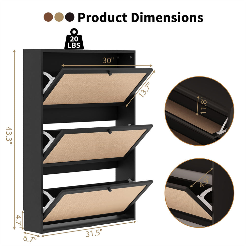 Wall-mounted shoe rack with dimensions and weight capacity displayed.