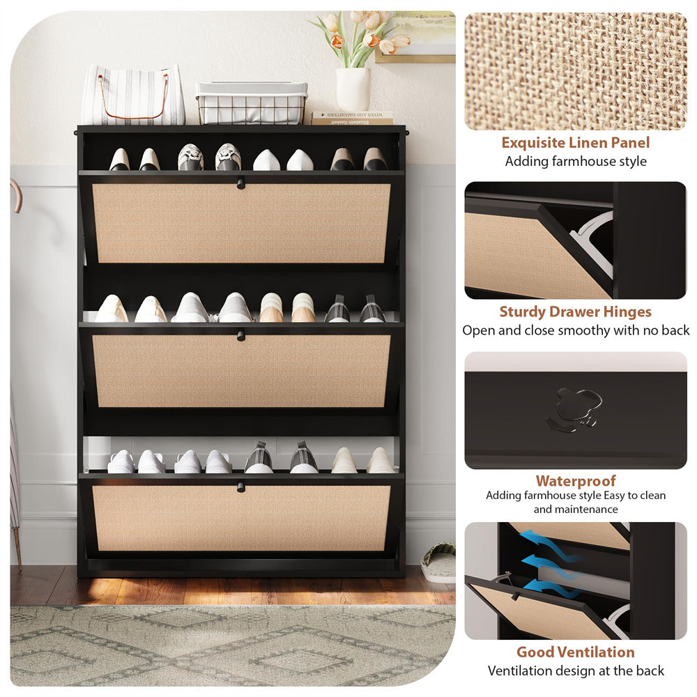 Shoe rack with storage drawers and features highlighted on the right.