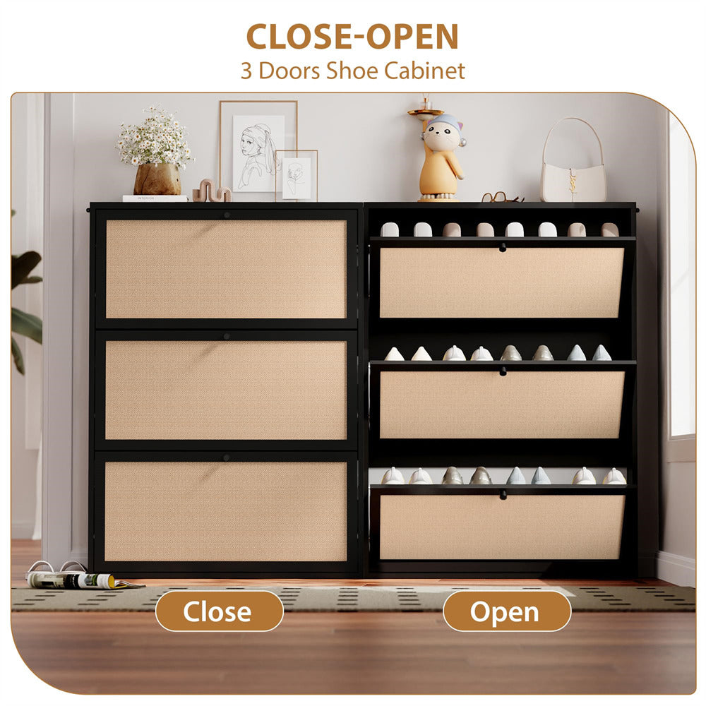 3-door shoe cabinet with open and close labels, displaying shoes inside.