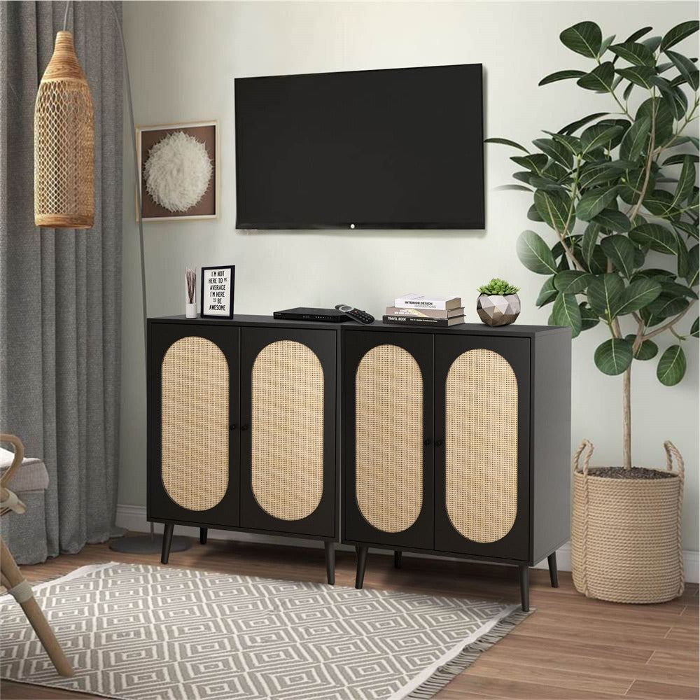 Black Wooden Sideboard Buffet Cabinet with Rattan Doors 2 Sets