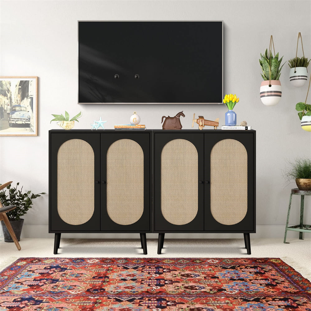 Black Wooden Sideboard Buffet Cabinet with Rattan Doors 2 Sets