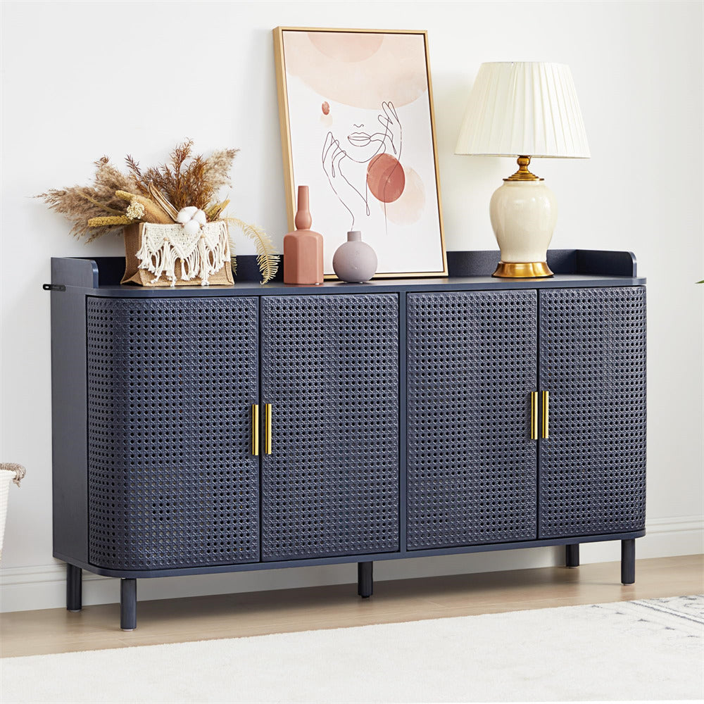 Dark blue woven sideboard with decorative items in a room setting