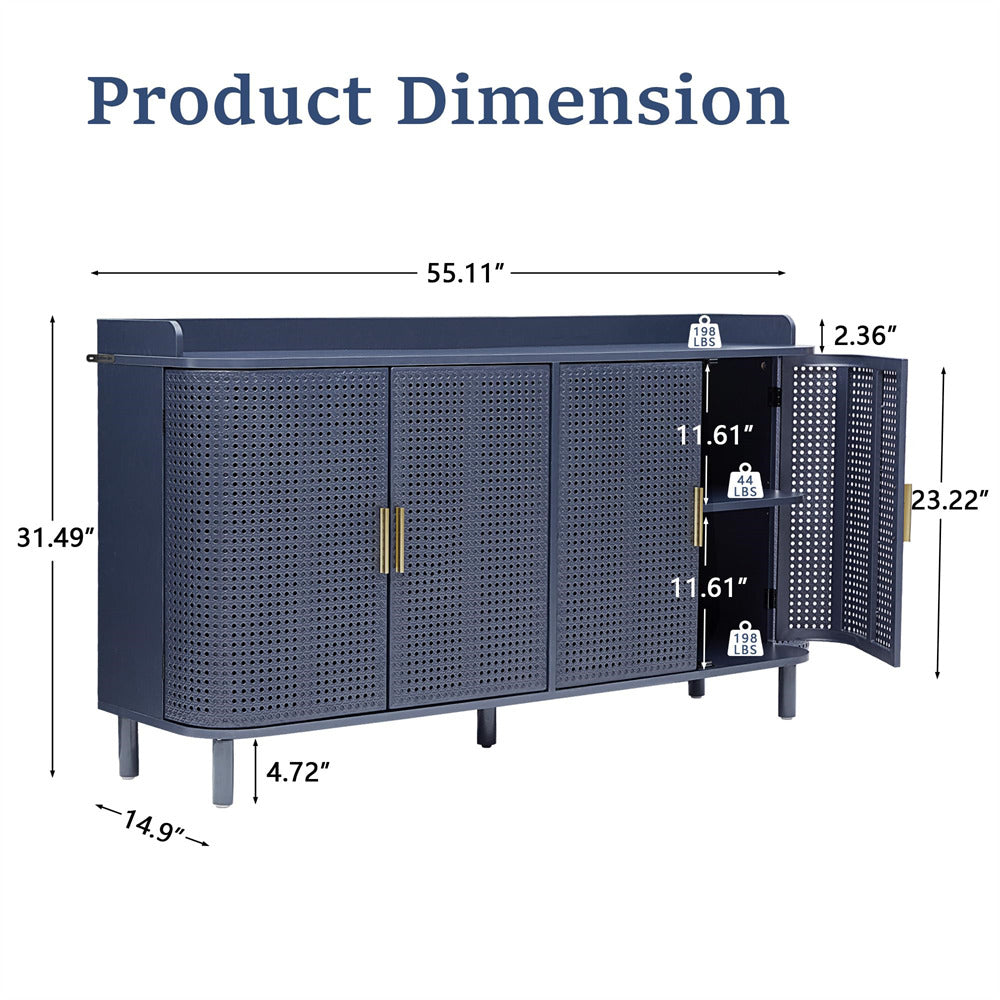 Dimensions of a blue sideboard with wicker texture on a white background