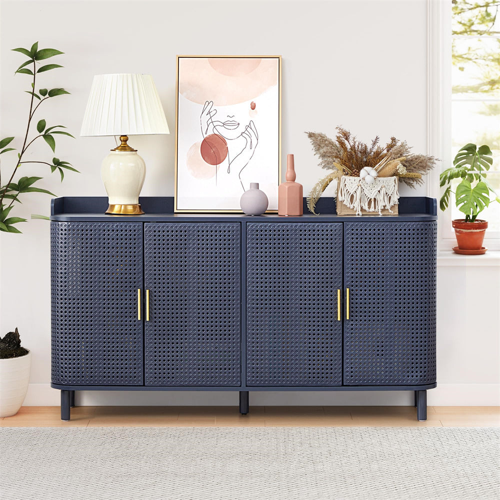 Navy blue woven sideboard with decorative items in a room setting.