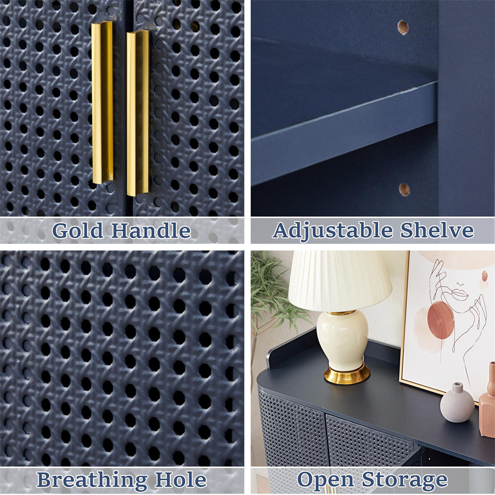 Collage of a blue cabinet with gold handle, adjustable shelf, breathing hole, and open storage.