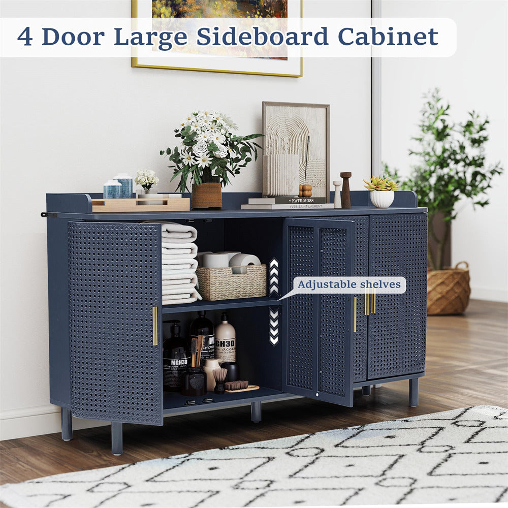 Blue sideboard cabinet with adjustable shelves in a room setting.