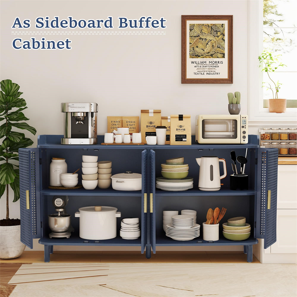 Blue sideboard buffet cabinet with kitchen items in a room setting.