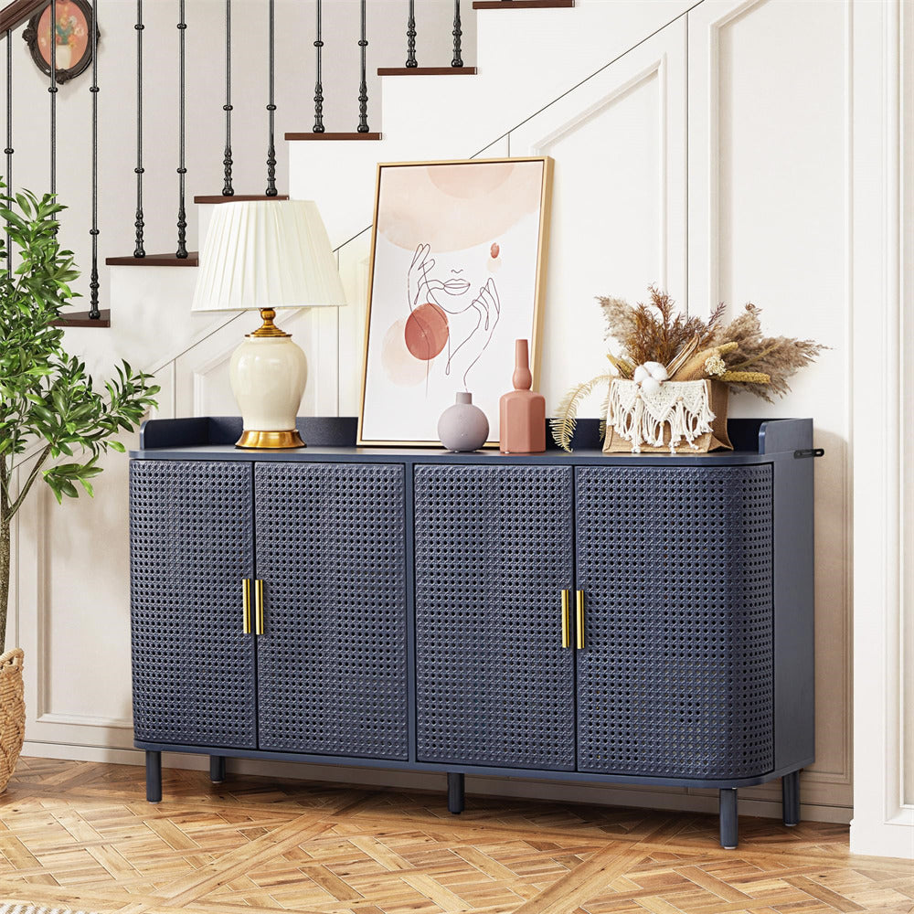 Blue woven sideboard with decorative items in a home setting