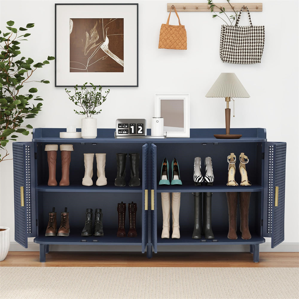 Navy blue shoe cabinet with various shoes displayed on shelves, plants, and decor items in the background.