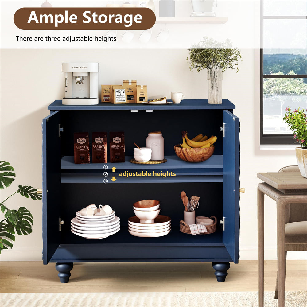 Blue storage cabinet with adjustable shelves in a room setting.