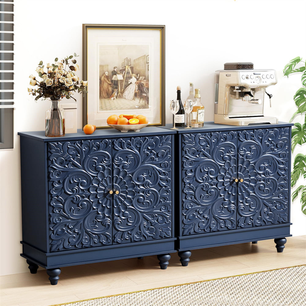 Decorative blue cabinet with ornate patterns in a room setting.