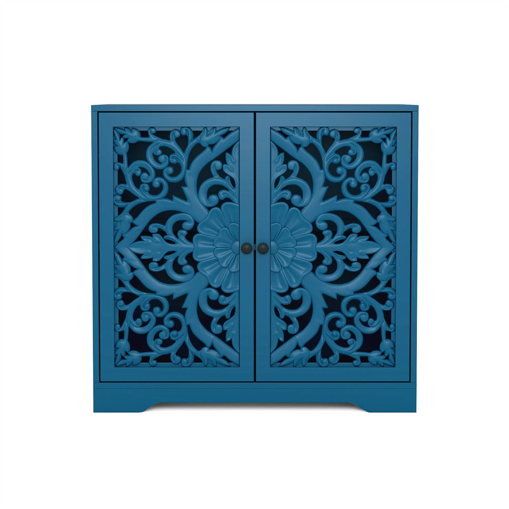 Blue Wooden Carved Sideboard Storage Cabinet with Hollow Carved Pattern and Adjustable Shelves