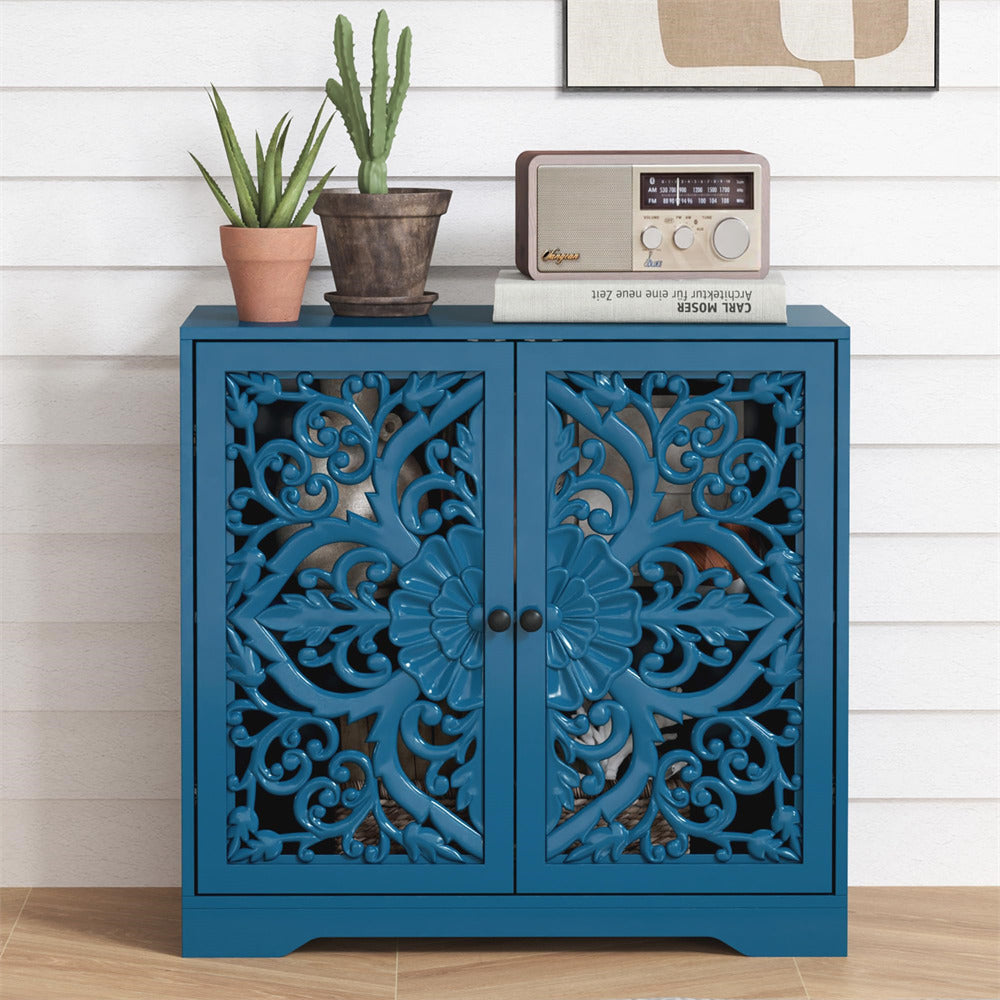 Blue Wooden Carved Sideboard Storage Cabinet with Hollow Carved Pattern and Adjustable Shelves