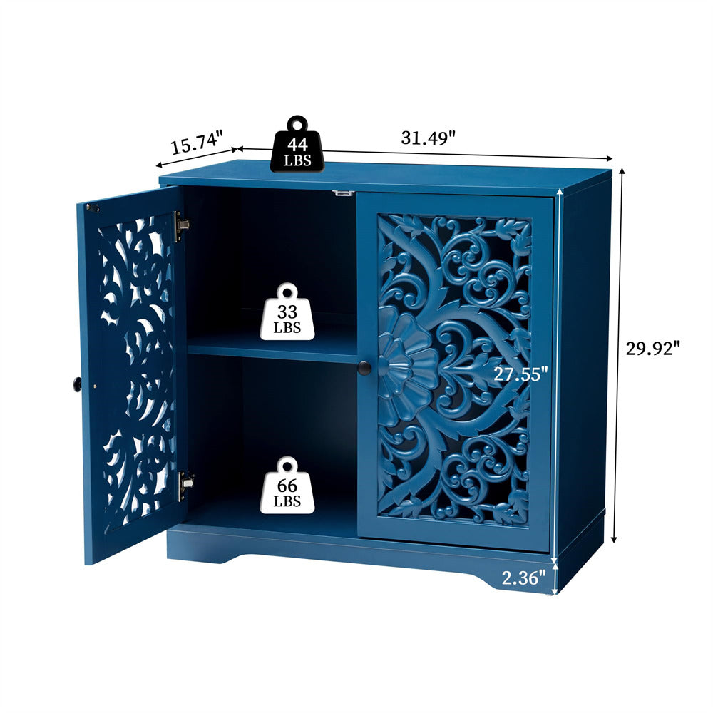 Blue Wooden Carved Sideboard Storage Cabinet with Hollow Carved Pattern and Adjustable Shelves
