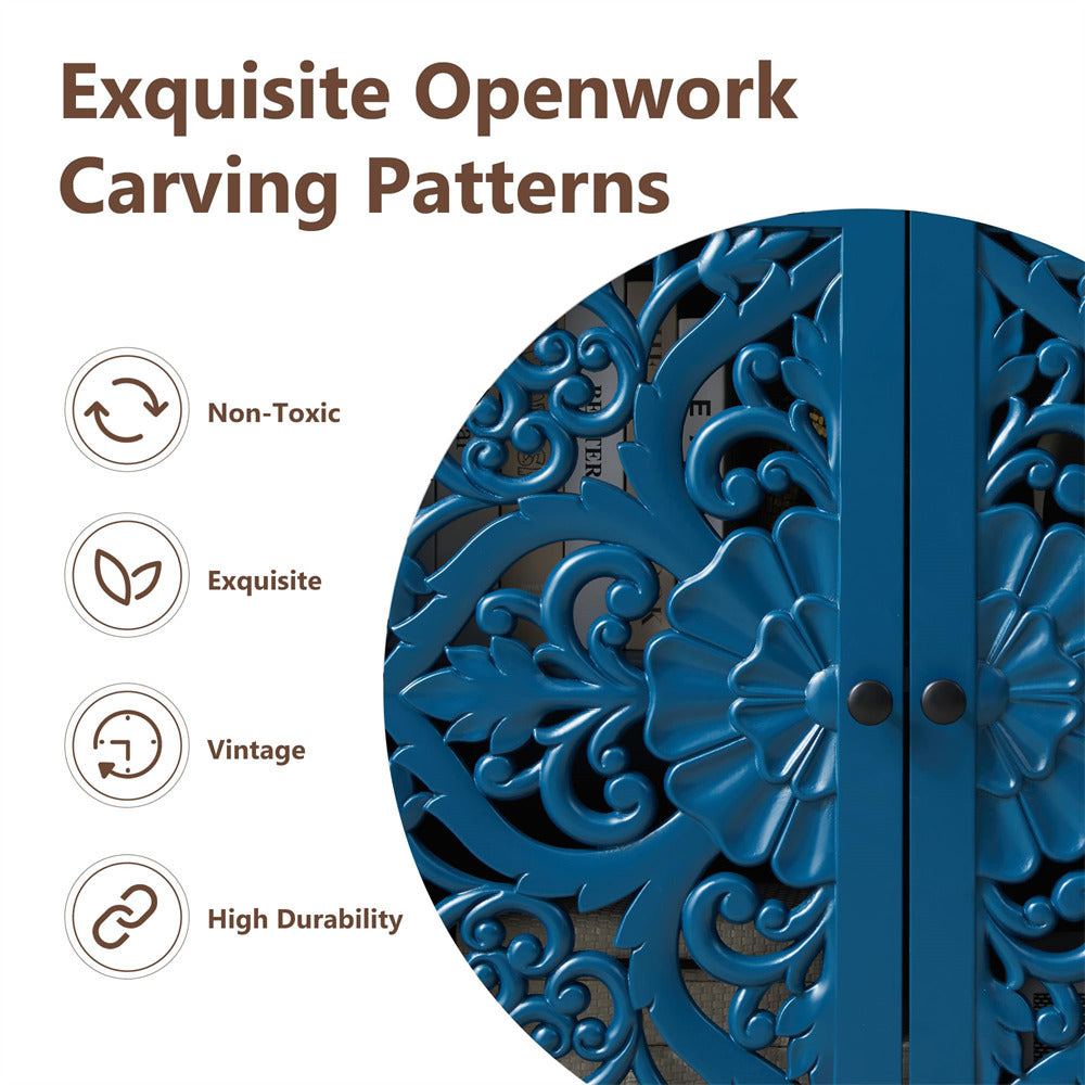 Blue Wooden Carved Sideboard Storage Cabinet with Hollow Carved Pattern and Adjustable Shelves