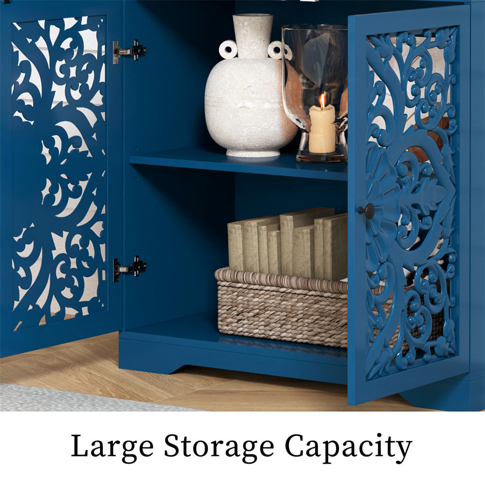 Blue Wooden Carved Sideboard Storage Cabinet with Hollow Carved Pattern and Adjustable Shelves