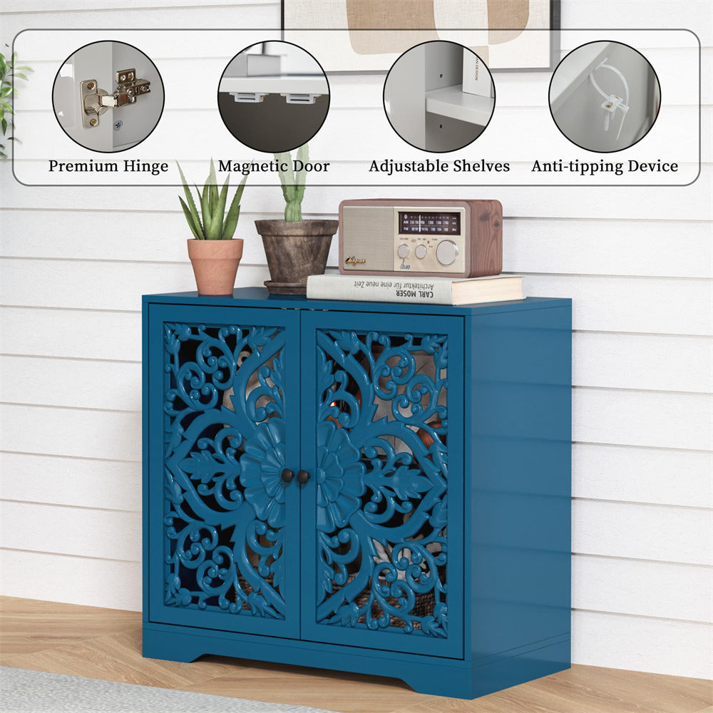 Blue Wooden Carved Sideboard Storage Cabinet with Hollow Carved Pattern and Adjustable Shelves